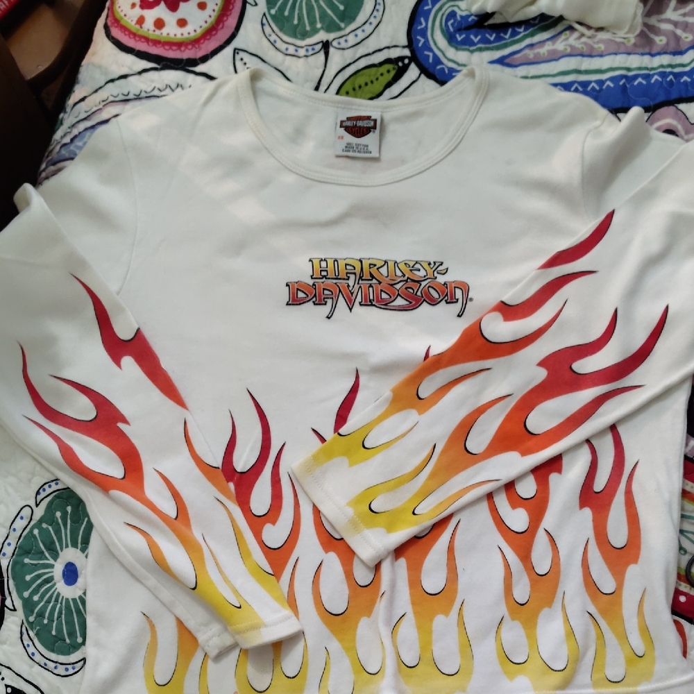 Harley-Davidson  Long Sleeve Shirt - White with Red and Yellow Flames